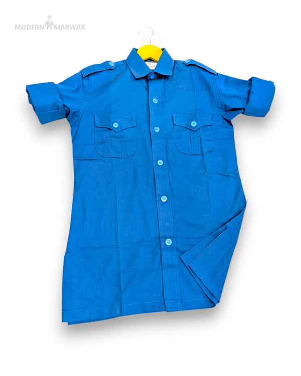 Modern Marwar premium linen shirt in vibrant blue with short sleeves and two front pockets
