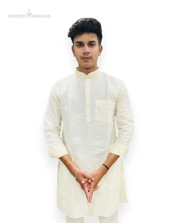 Elegant premium men's kurta in cream color with a classic collar from Modern Marwar