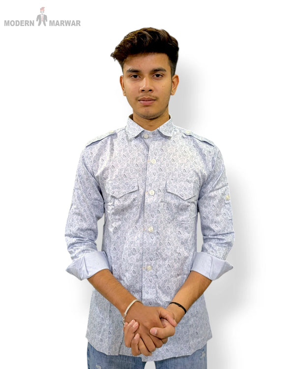 Modern Marwar premium men's shirts in light blue with military-style pockets and buttoned collar