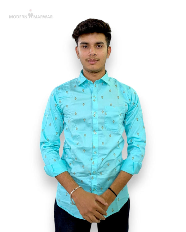 Modern Marwar Premium men's wear online shirt in turquoise with stylish leaf patterns