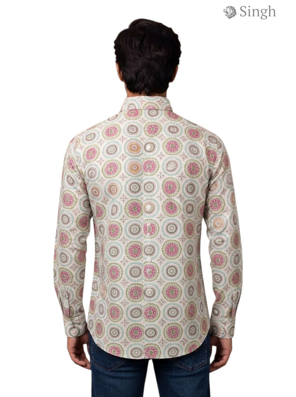M Hunting Shirt in Light Beige Cotton with Colorful Print, Back View by SINGH