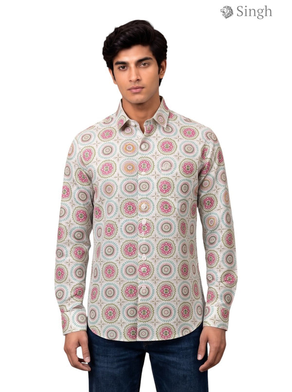 M Hunting Shirt in Beige Cotton with Circular Pattern Design from Singh
