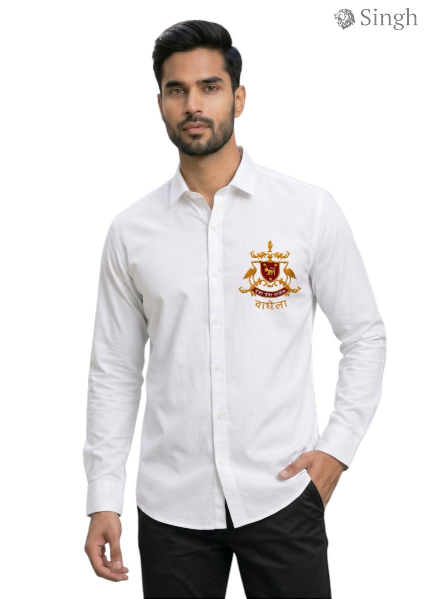 Shirting white cotton shirt with embroidered design, featuring a modern fit by SINGH