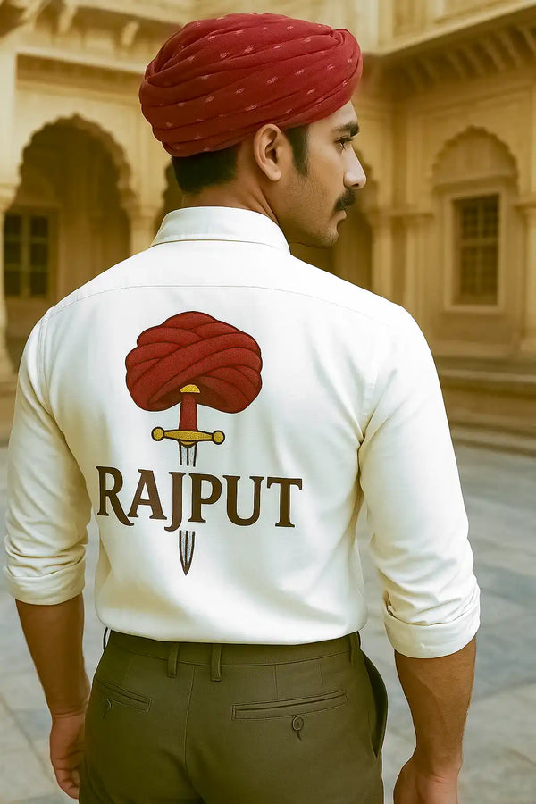 Modern Marwar Rajput logo shirt in white with a striking Rajput design on the back