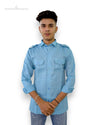 Stylish men's casual shirt in light blue with shoulder details and button-down front