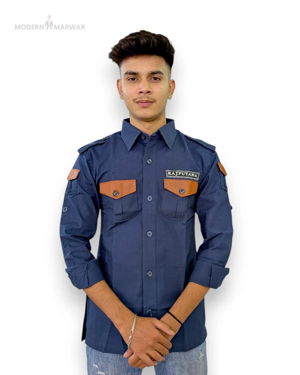 Modern Marwar stylish men's casual shirt in navy with brown shoulder patches and pockets
