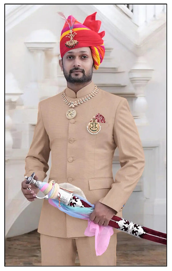 Men's Rajputi Jodhpuri Suit by Modern Marwar in beige with traditional accessories and a turban