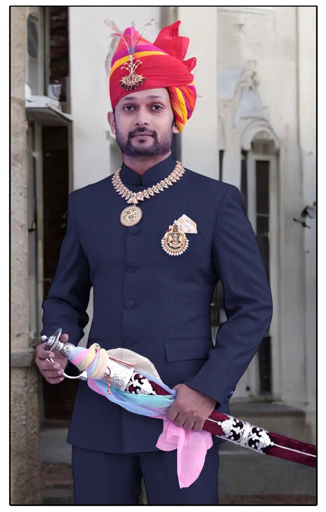 Elegant Rajputi Jodhpuri Suit for Men by Modern Marwar, featuring traditional design and regal accessories