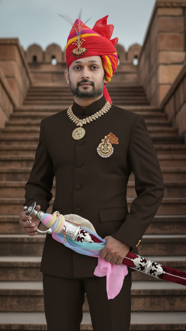 Elegant Rajputi Jodhpuri Suit for men by Modern Marwar, featuring traditional embellishments and a regal look