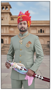 Men's Rajputi Jodhpuri Suit in light green with a decorative sword and traditional turban