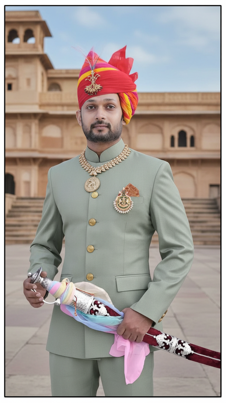 Men's Rajputi Jodhpuri Suit in light green with a decorative sword and traditional turban
