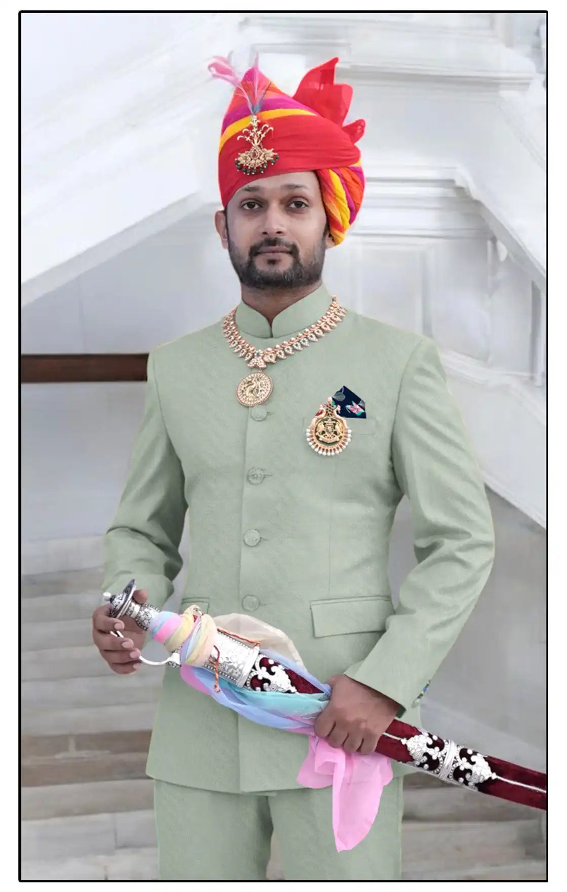 Elegant Rajputi Jodhpuri Suit in mint green for men, styled with royal accessories and a traditional turban.