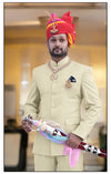 Elegant Rajputi Jodhpuri Suit for men, featuring a traditional design with vibrant accessories and a regal appearance