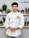 White Rathore logo shirt for men by SINGH featuring embroidered crest design on chest