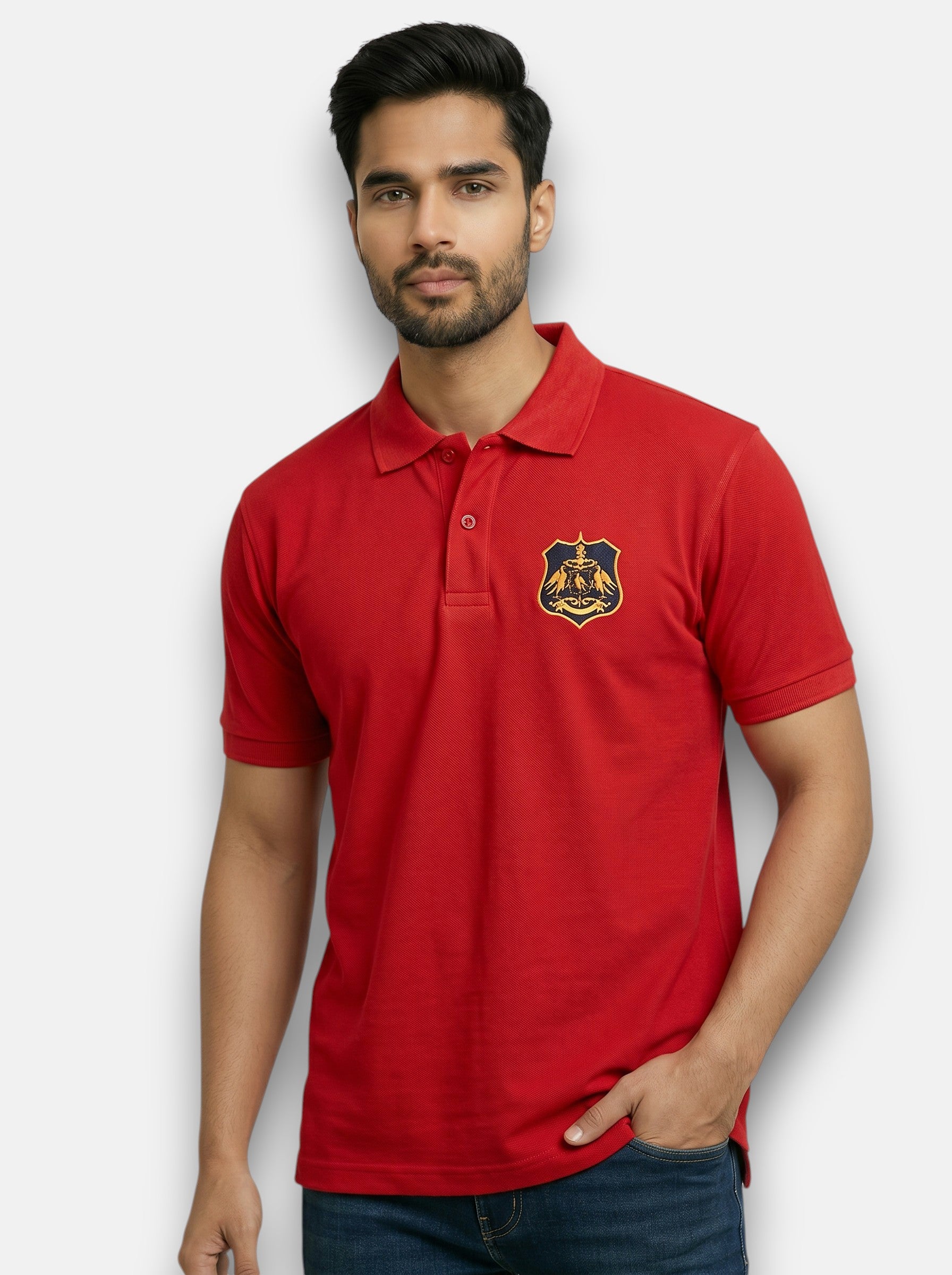 Red M'TSHIRTS made of cotton, front view showcasing Rathore logo tshirts