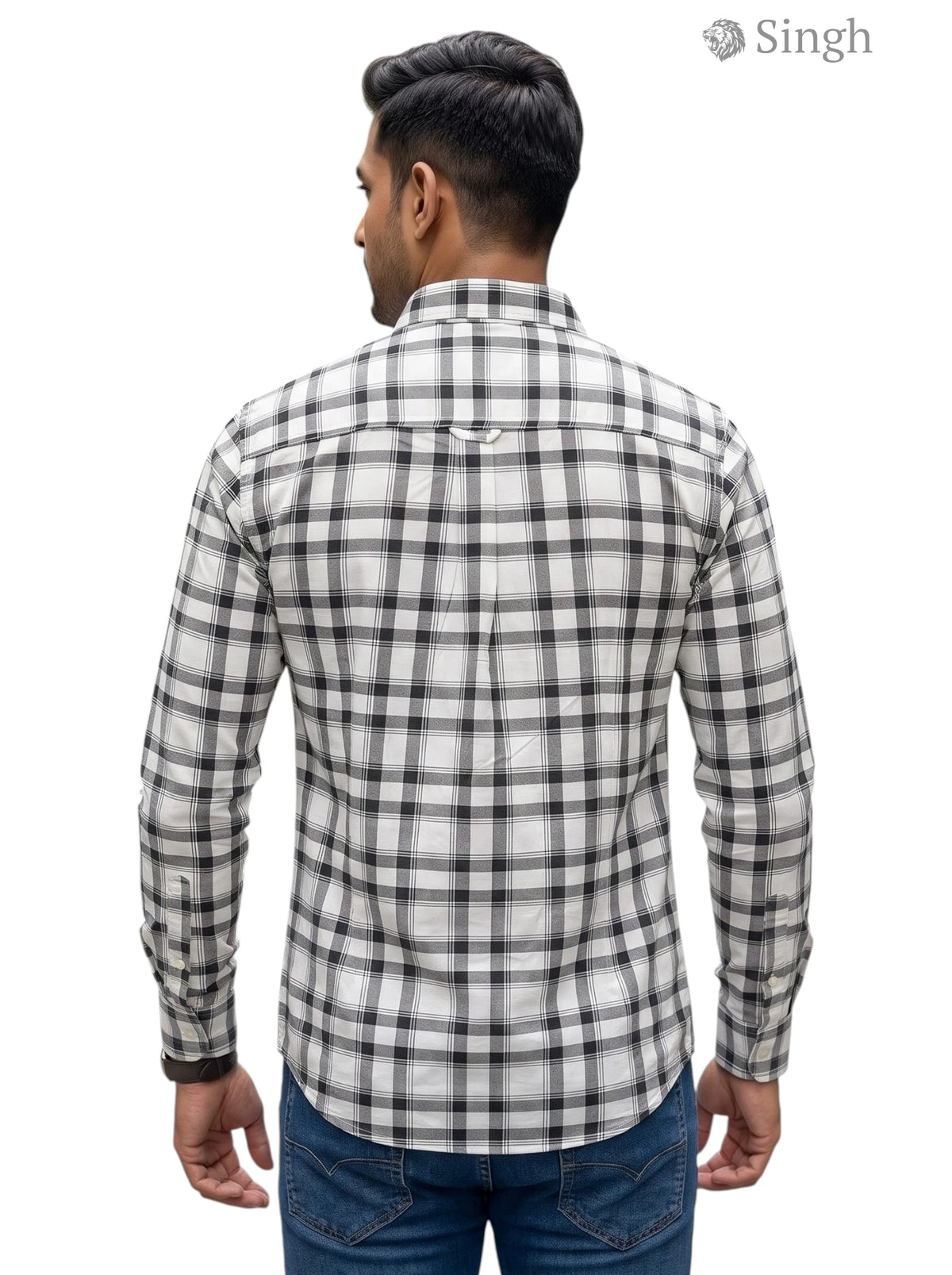 Men's black and white plaid ROMAN SHIRT-14 in cotton from the back view
