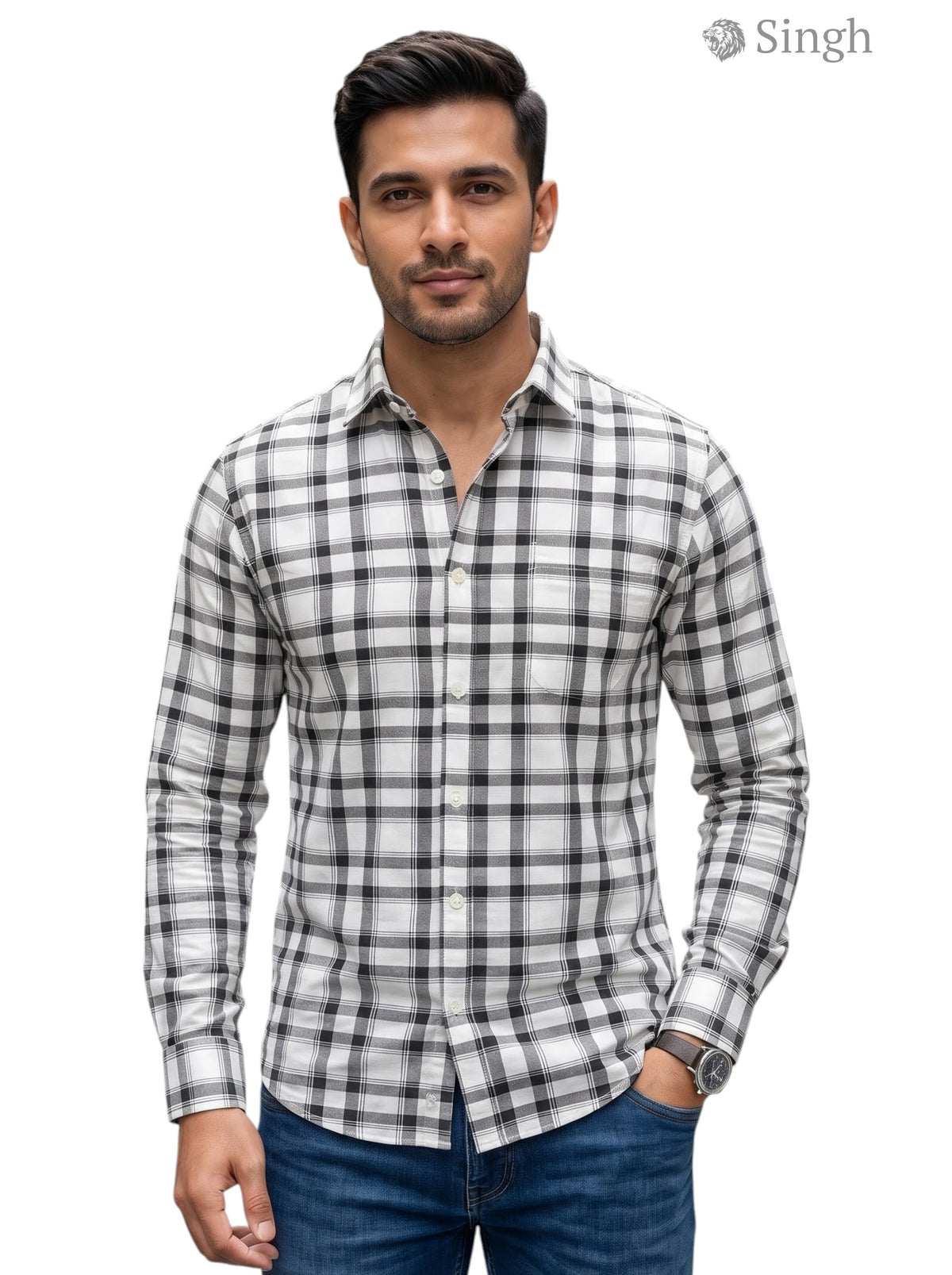 Men's Black and White Checkered Shirt in Cotton with Front View ROMAN SHIRT-14