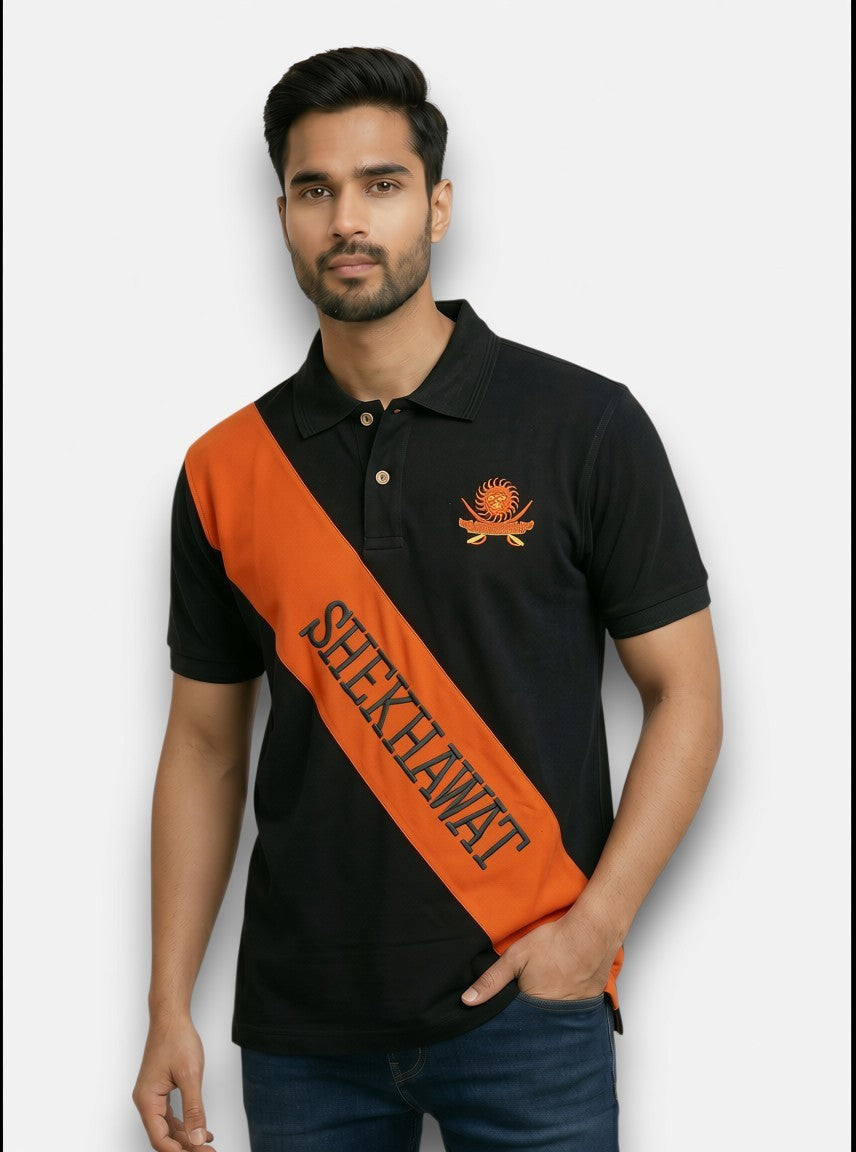 M'TSHIRTS black cotton polo shirt shown from the front featuring shekhawat lobo tshirts design