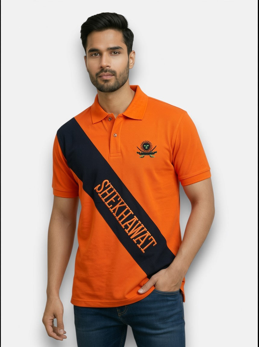 M'TSHIRTS in orange cotton showing a model wearing shekhawat lobo tshirts from SINGH