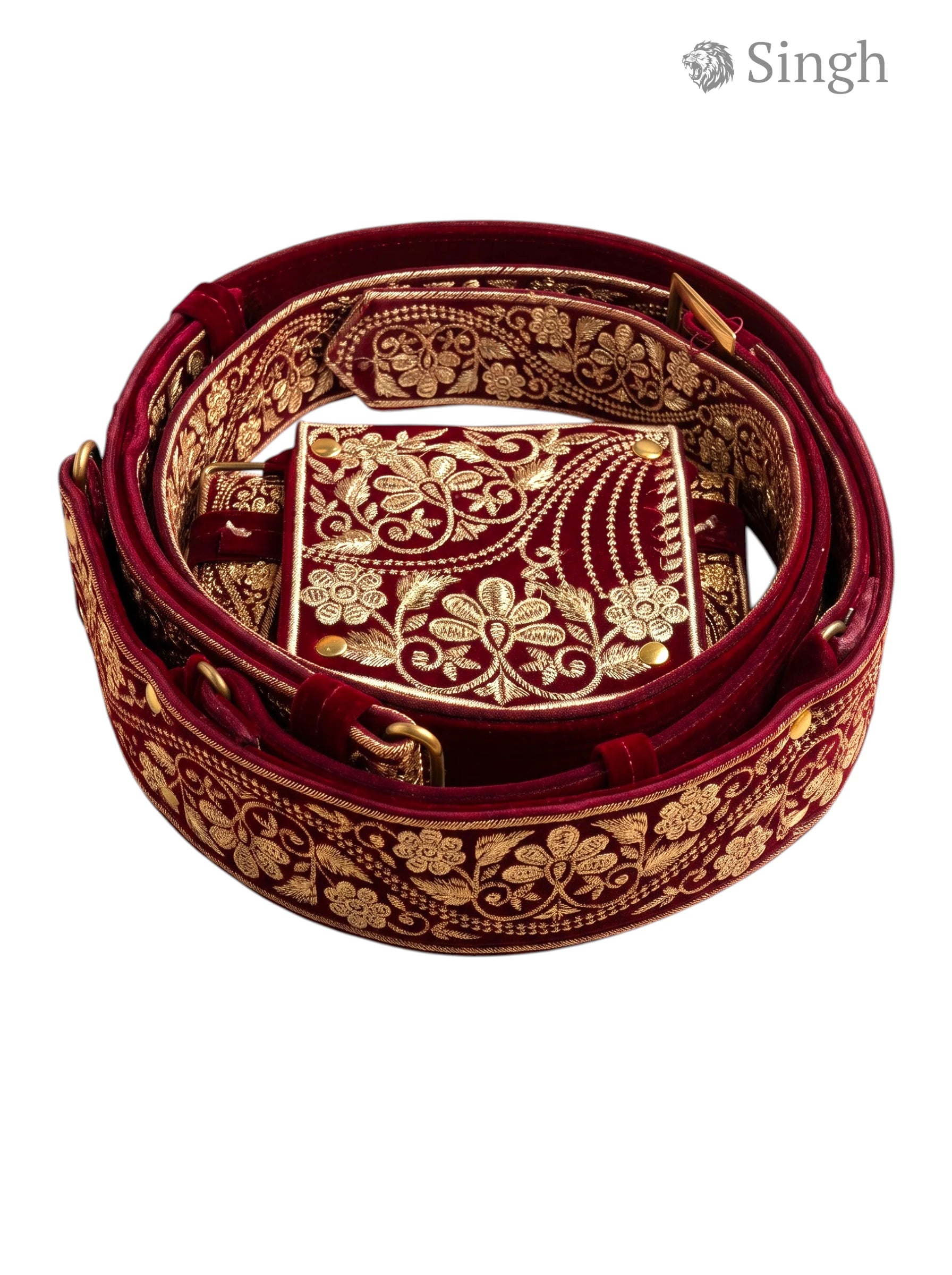 Red embroidered velvet Sherwani Belt-2800-5 in a coiled position showcasing intricate designs