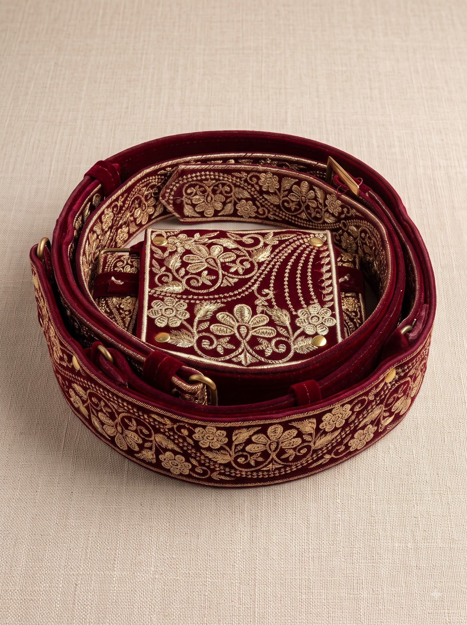 SINGH Sherwani Belt-2800-5 in rich red velvet with intricate gold embroidery, side view
