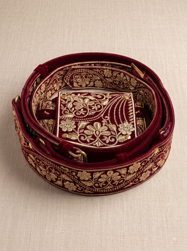 SINGH Sherwani Belt-2800-5 in rich red velvet with intricate gold embroidery, side view