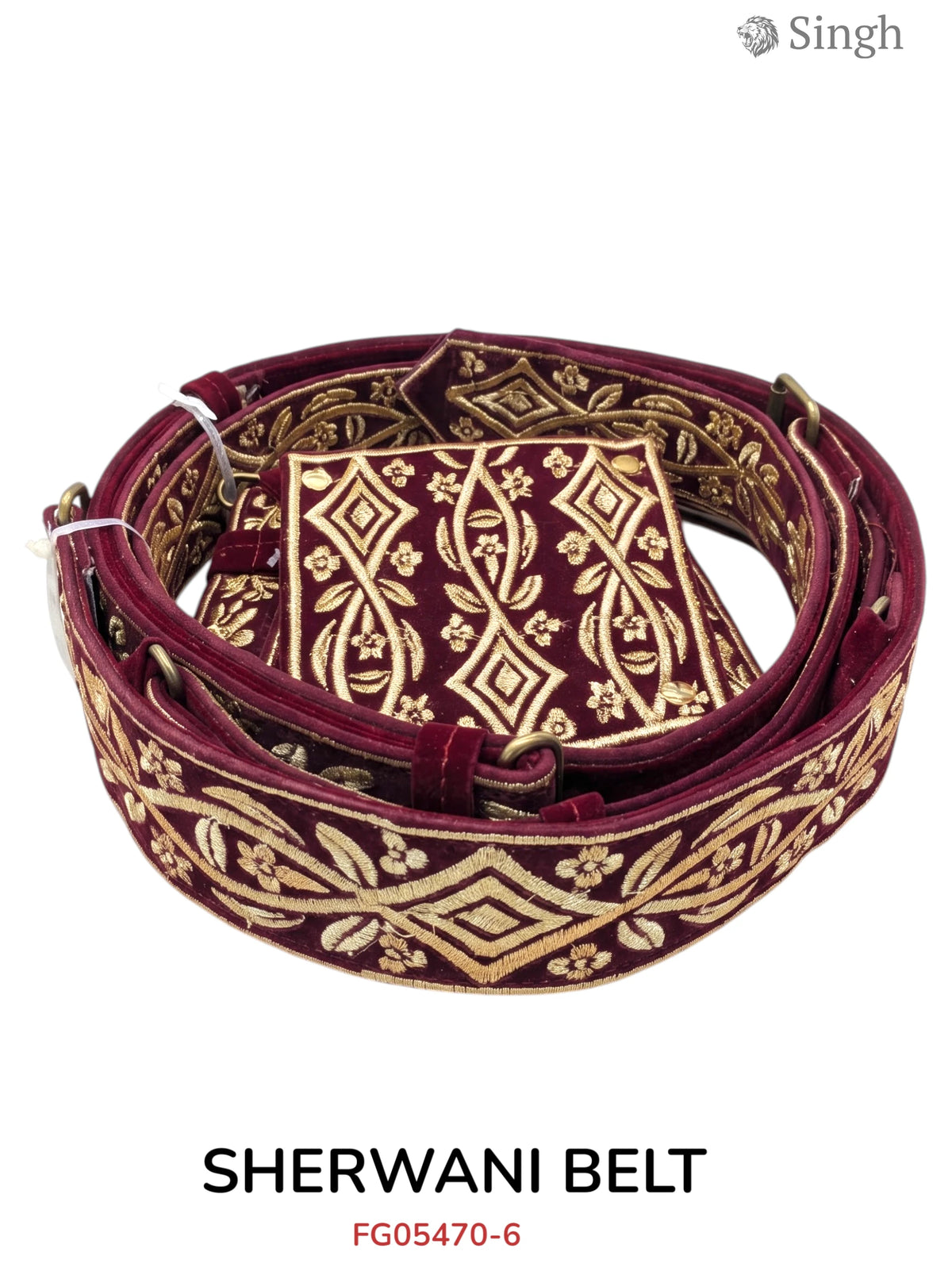 Accessory burgundy velvet SHERWANI BELT-2800-6 with intricate gold embroidery and design