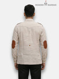 M Shirt in beige linen fabric with brown leather elbow patches from SINGH, back view
