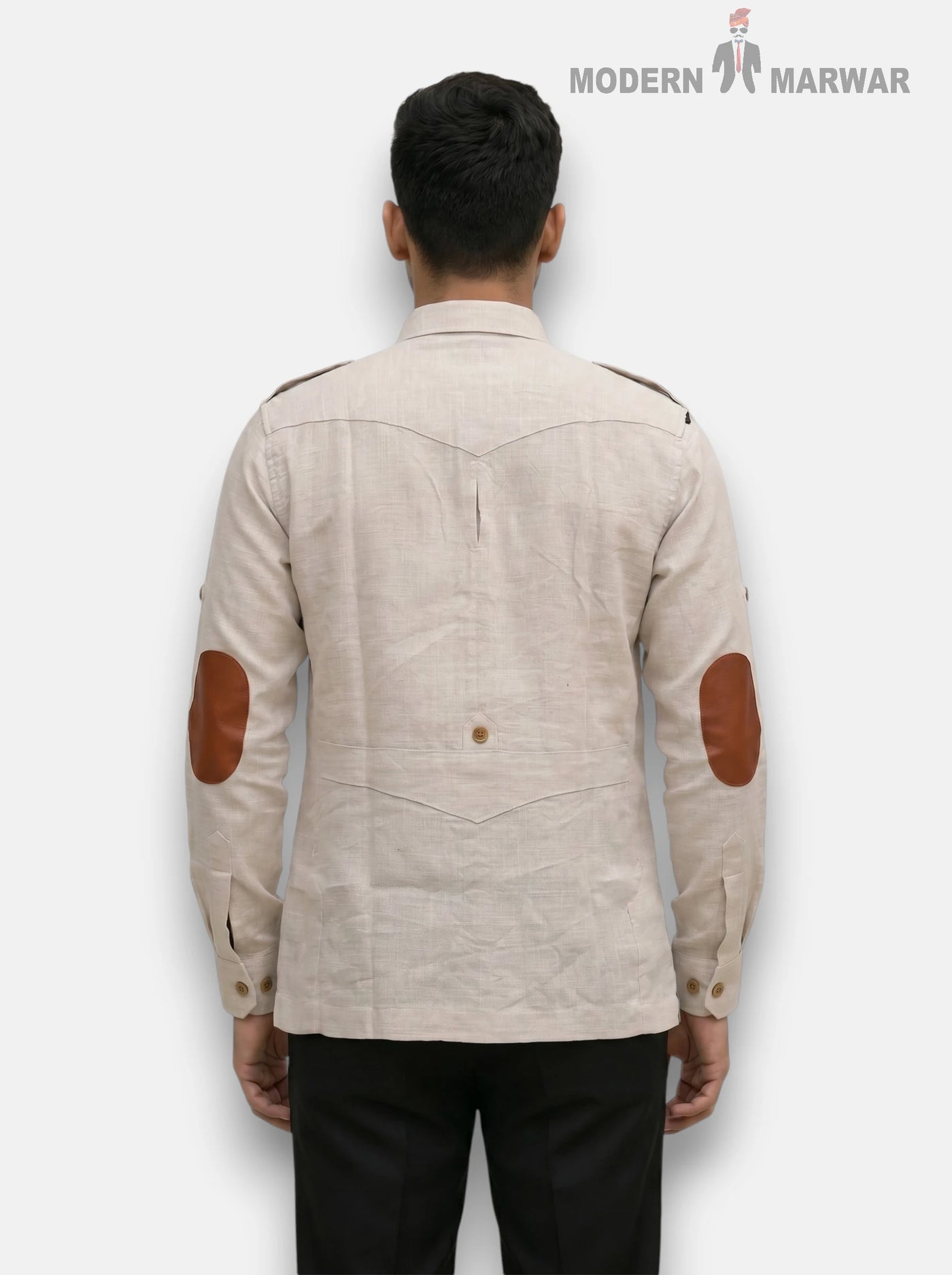M Shirt in beige linen fabric with brown leather elbow patches from SINGH, back view