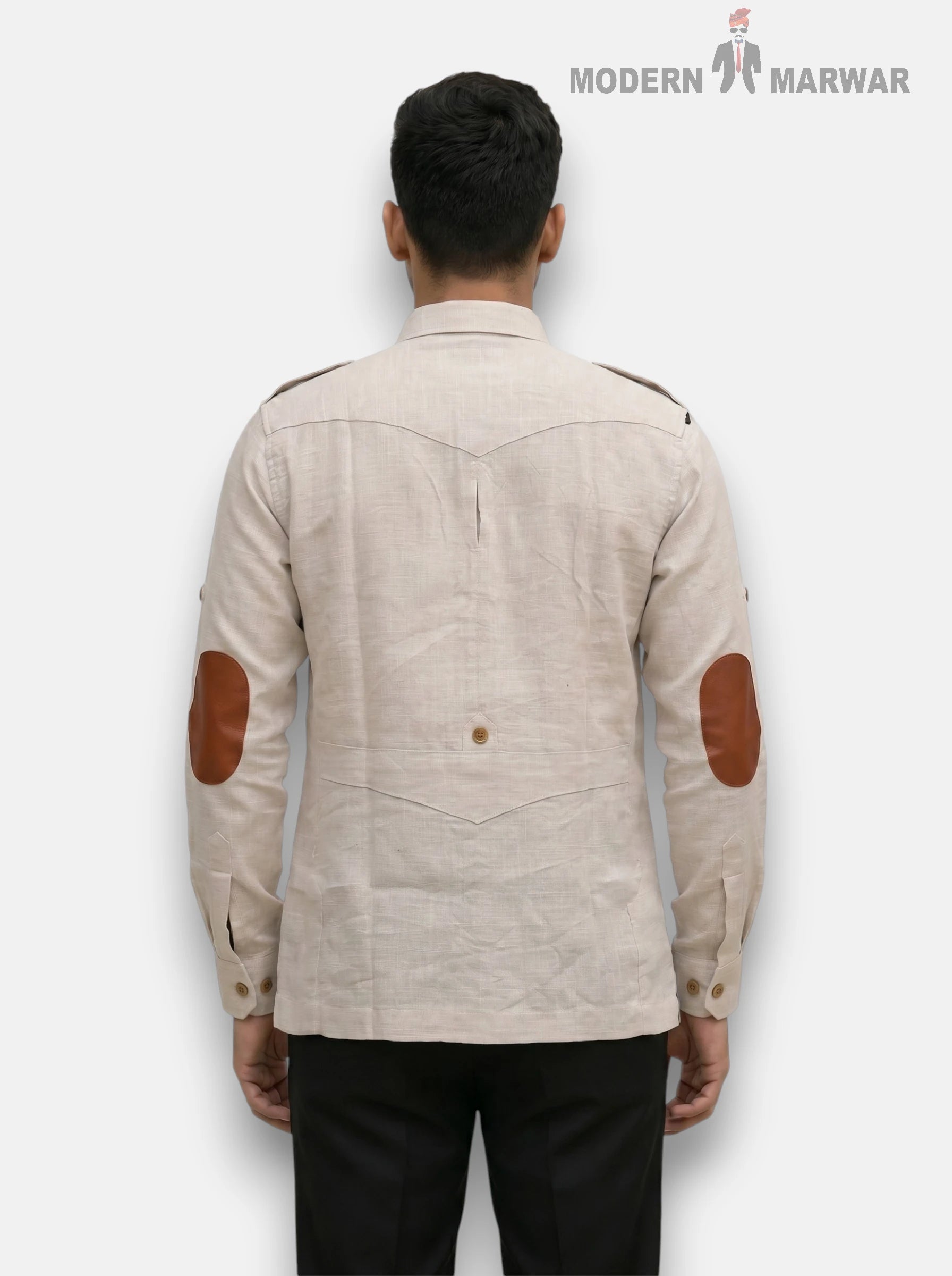M Shirt in beige linen fabric with brown leather elbow patches from SINGH, back view