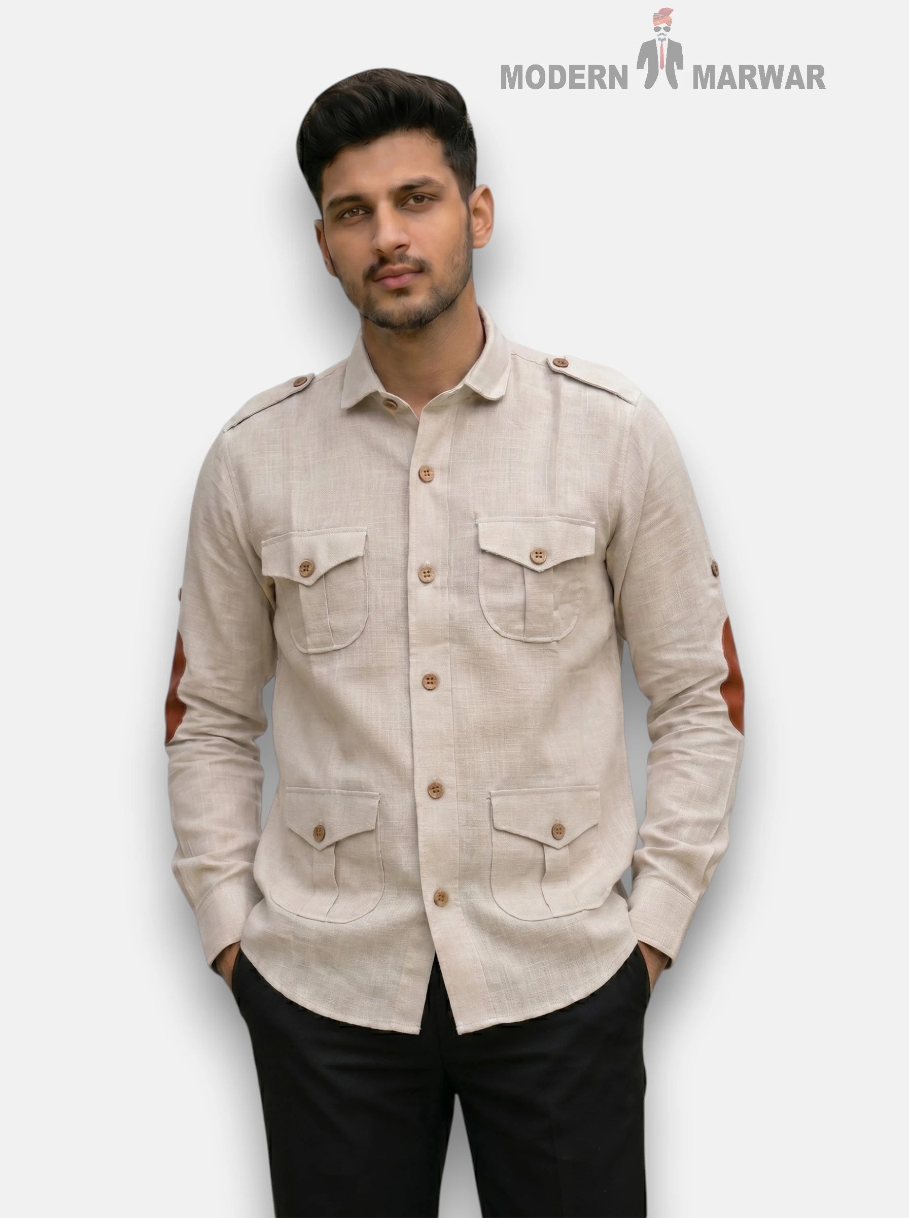 Beige SINGH M Shirt in linen fabric, front view showcasing dual chest pockets and stylish design