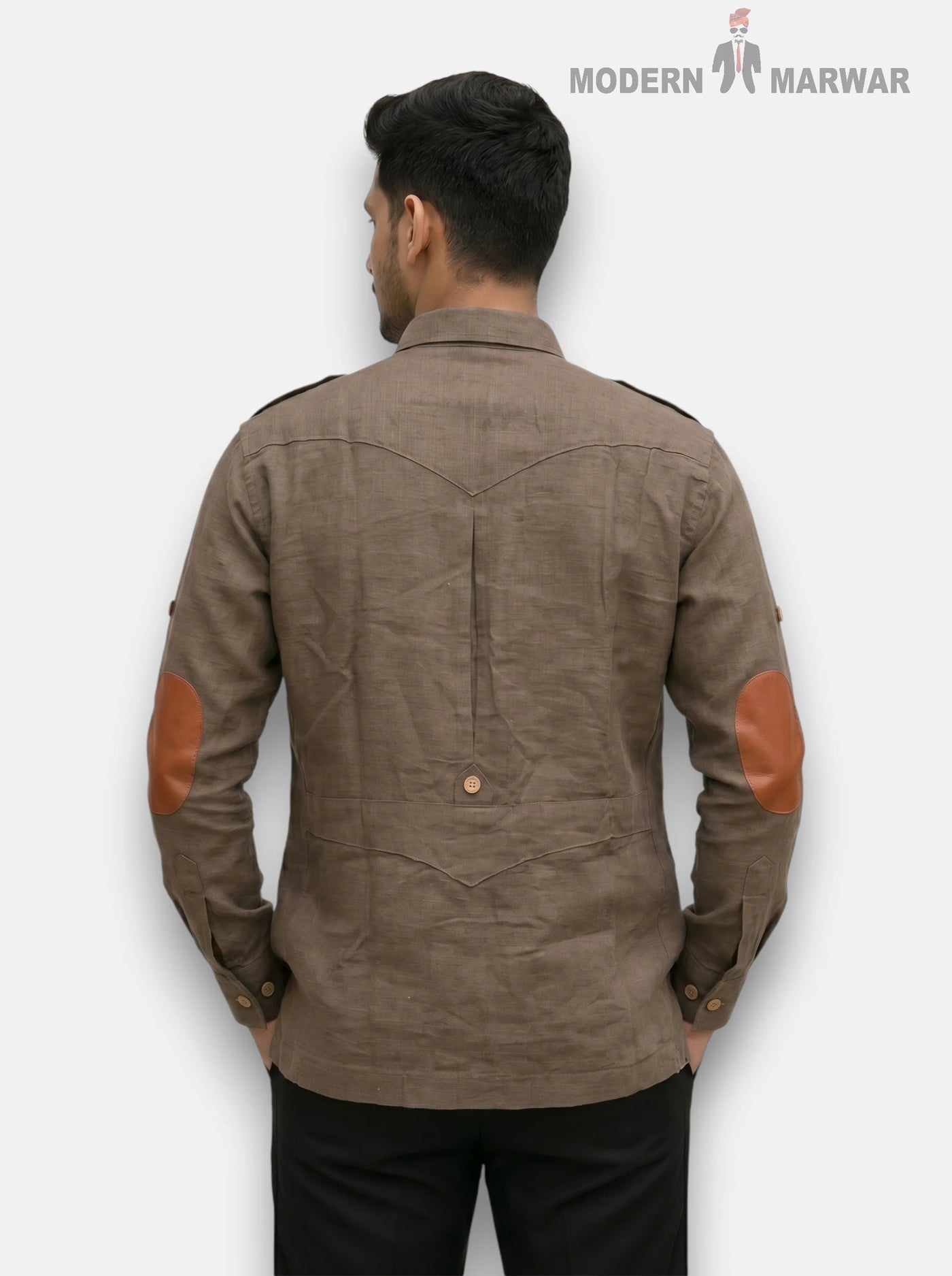 Brown SINGH M Shirt in Linen with a Rear View and Leather Elbow Patches