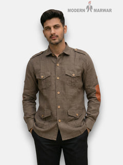 M Olive Linen Shirt with Shoulder Patches, Front View | SINGH Brand