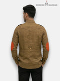 Men's Brown Linen Shirt with Stylish Orange Elbow Patches from SINGH, Back View