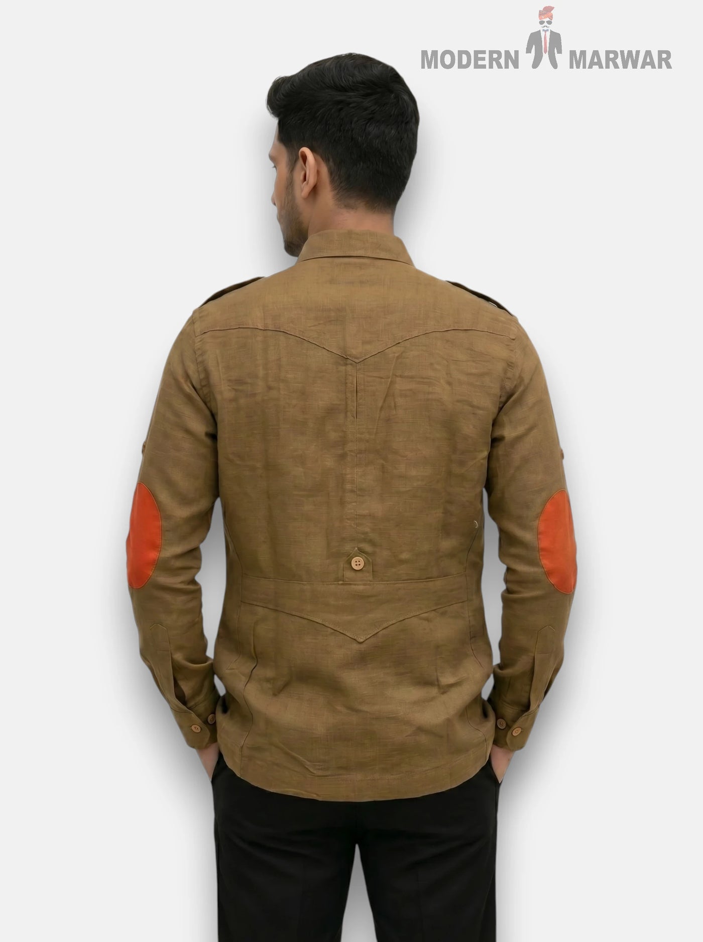 Men's Brown Linen Shirt with Stylish Orange Elbow Patches from SINGH, Back View