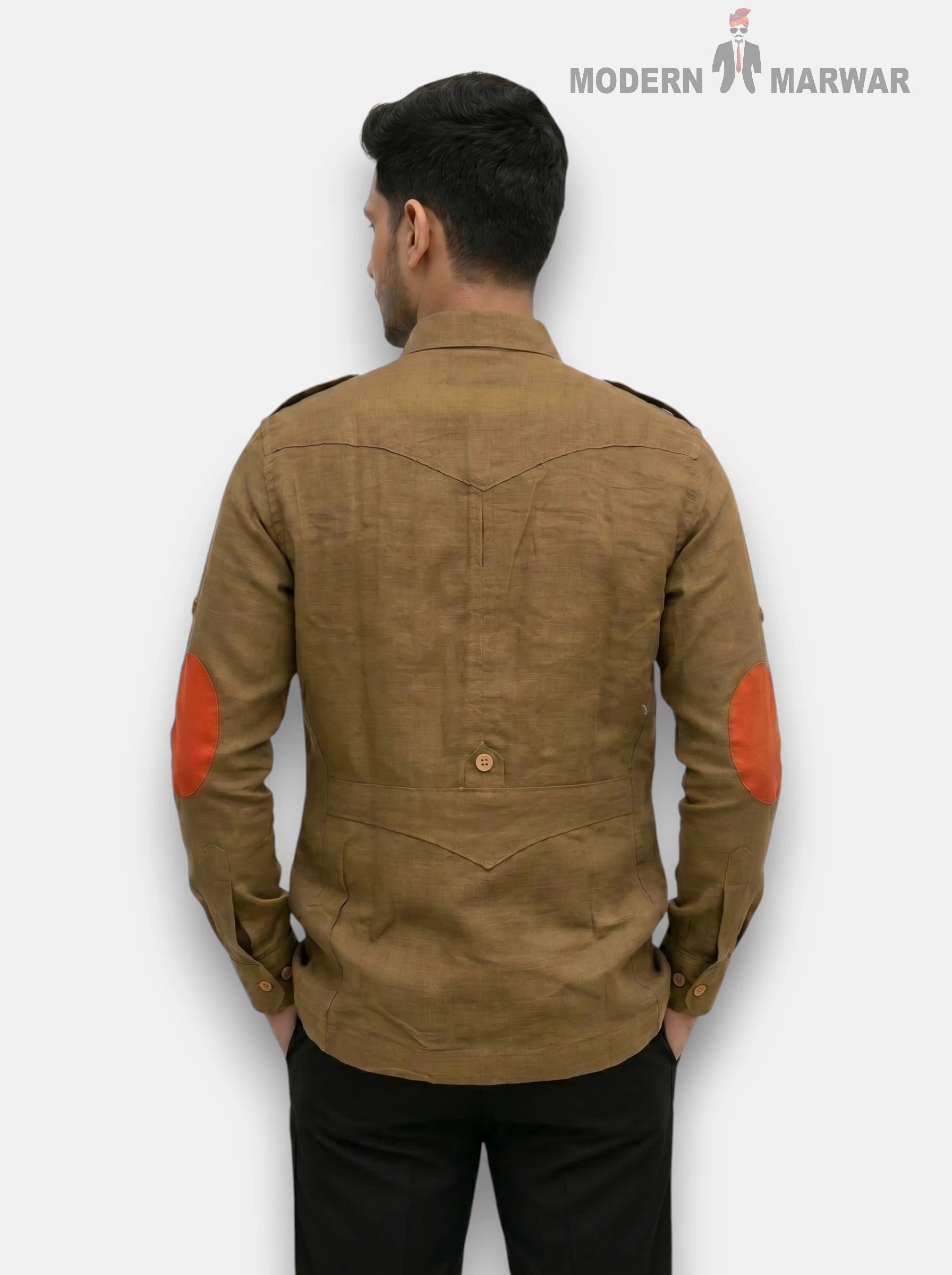 Men's Brown Linen Shirt with Stylish Orange Elbow Patches from SINGH, Back View