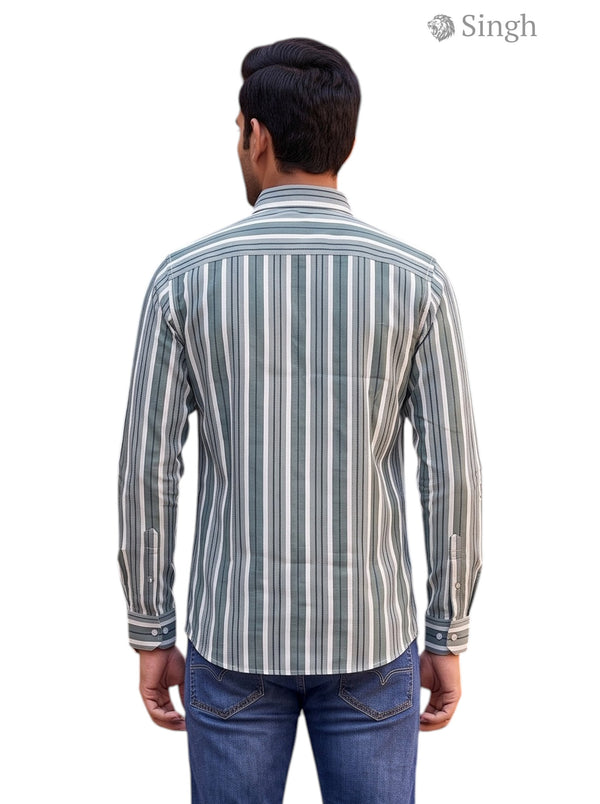 Men's green striped shirt in cotton, back view; SHIRT LINING-5065-2
