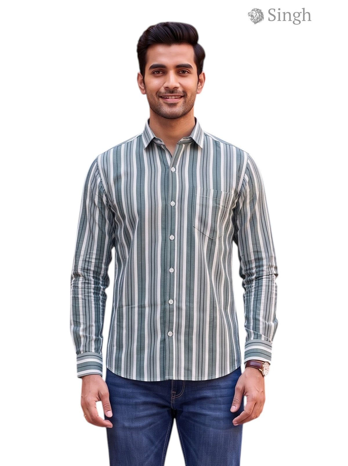 Men's Green Striped Shirt in Cotton from Singh, featuring SHIRT LINING-5065-2 design