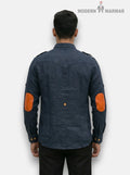 Navy SINGH M Shirt in Linen with Contrast Orange Elbow Patches from the Back Angle