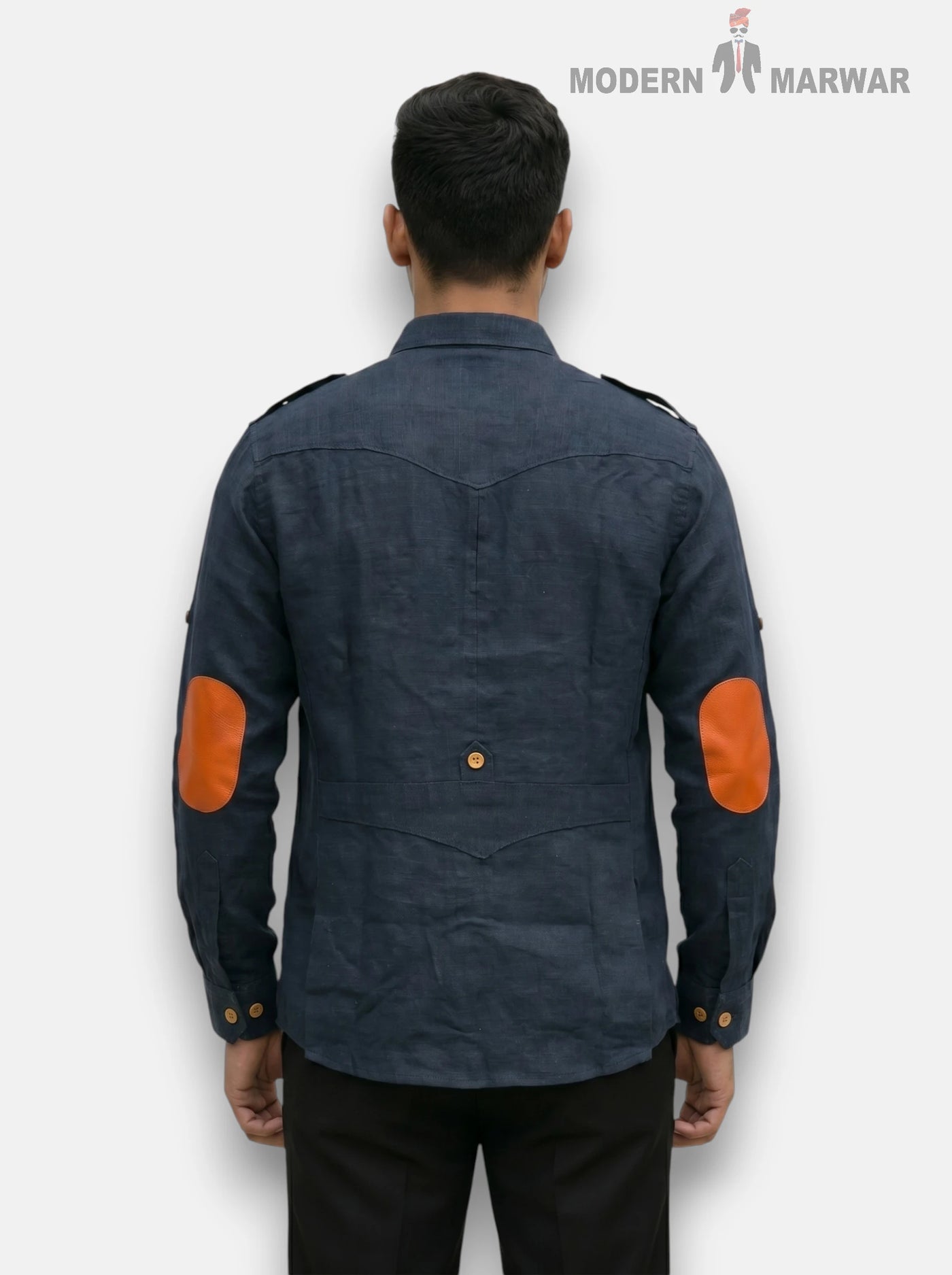 Navy SINGH M Shirt in Linen with Contrast Orange Elbow Patches from the Back Angle