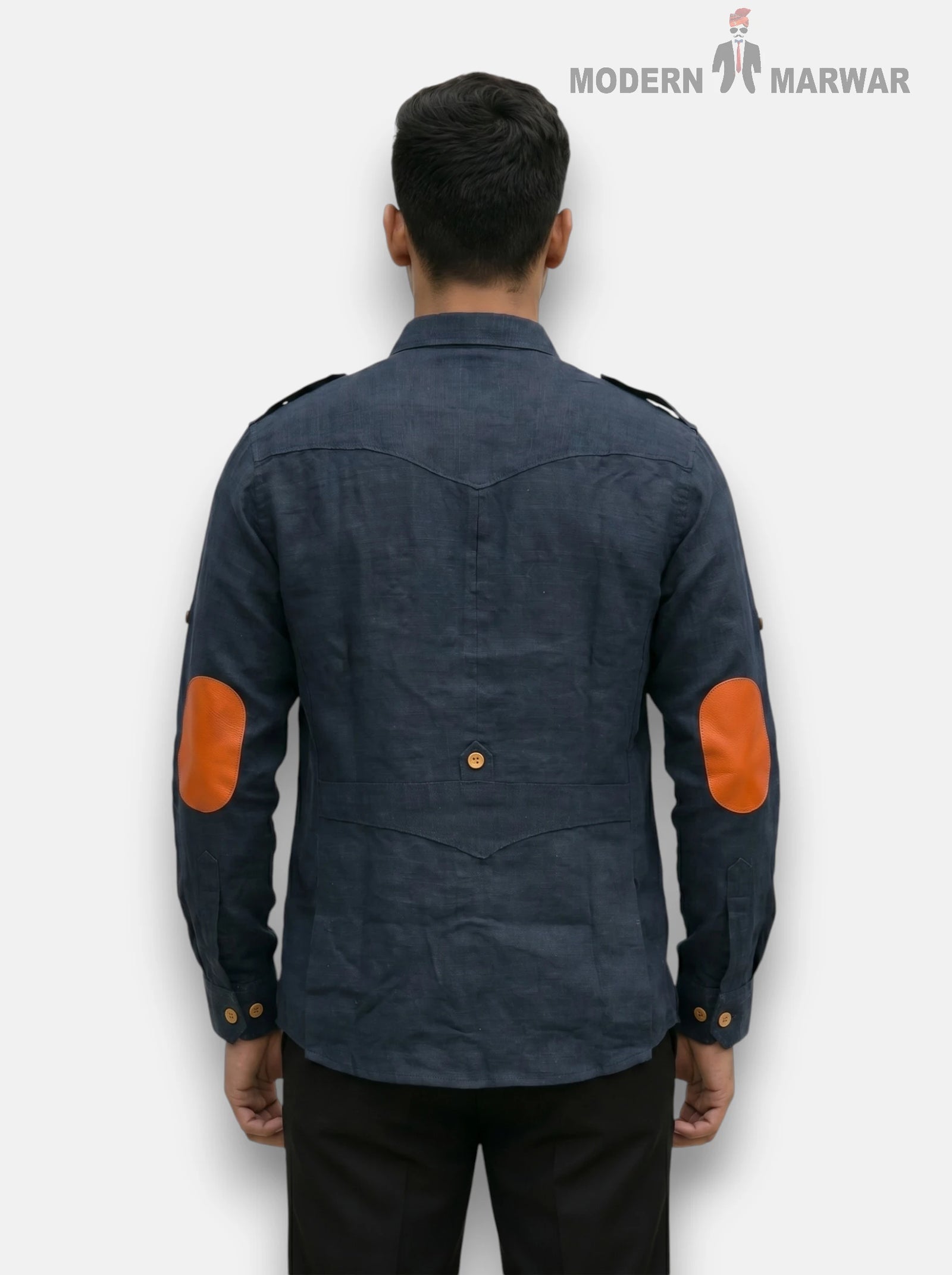 Navy SINGH M Shirt in Linen with Contrast Orange Elbow Patches from the Back Angle