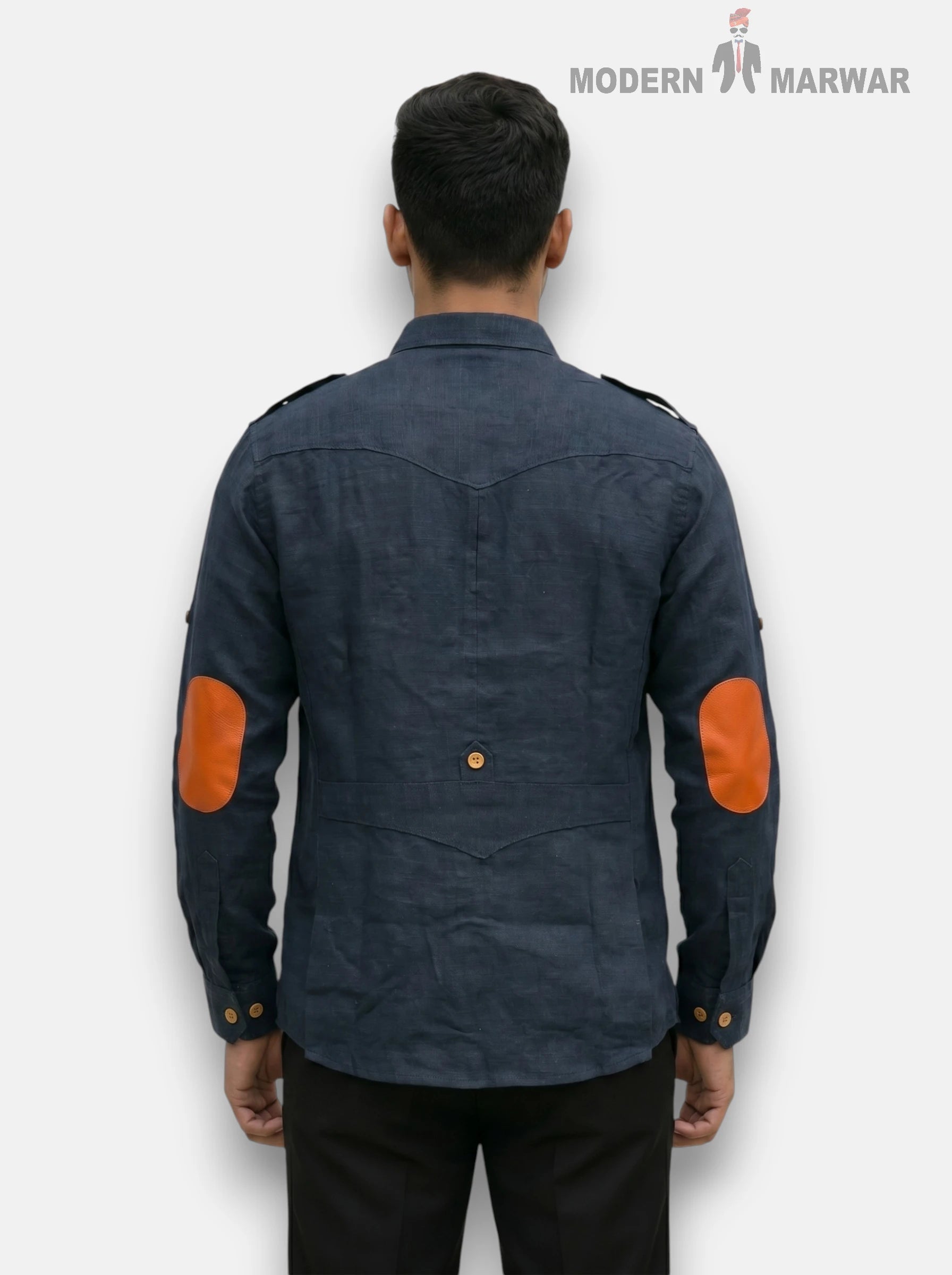 Navy SINGH M Shirt in Linen with Contrast Orange Elbow Patches from the Back Angle