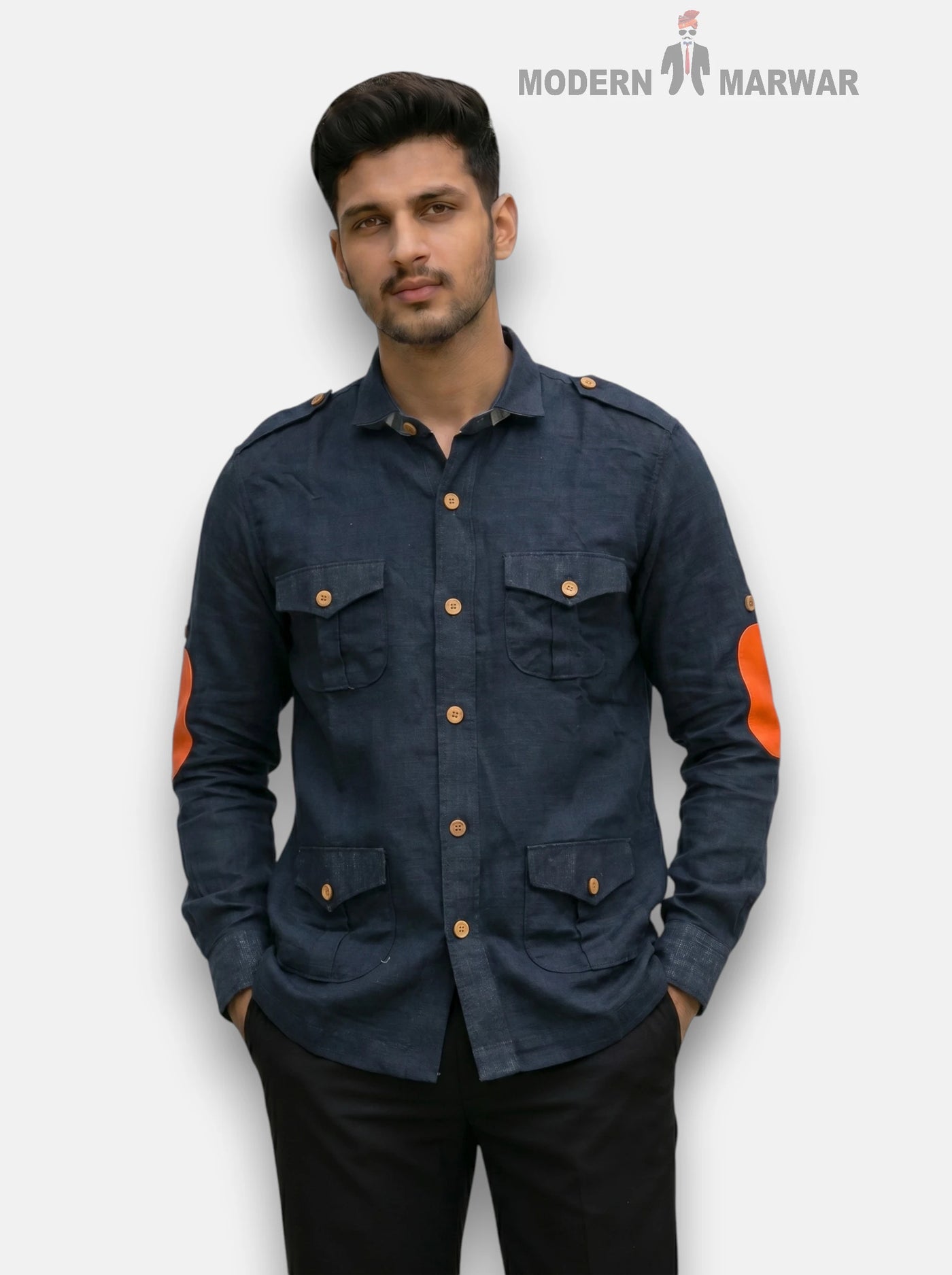 M Navy Blue Linen Shirt with Orange Elbow Patches from SINGH, Front View