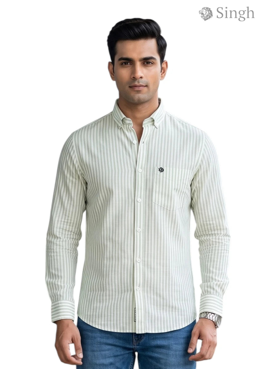 Men's striped shirt in light green cotton, front view, SHIRT(MENS)-15-118-2