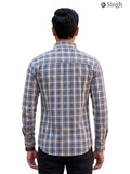 Men's plaid shirt in beige and navy cotton, back view; SHIRT(MENS) F-15-113-4-M