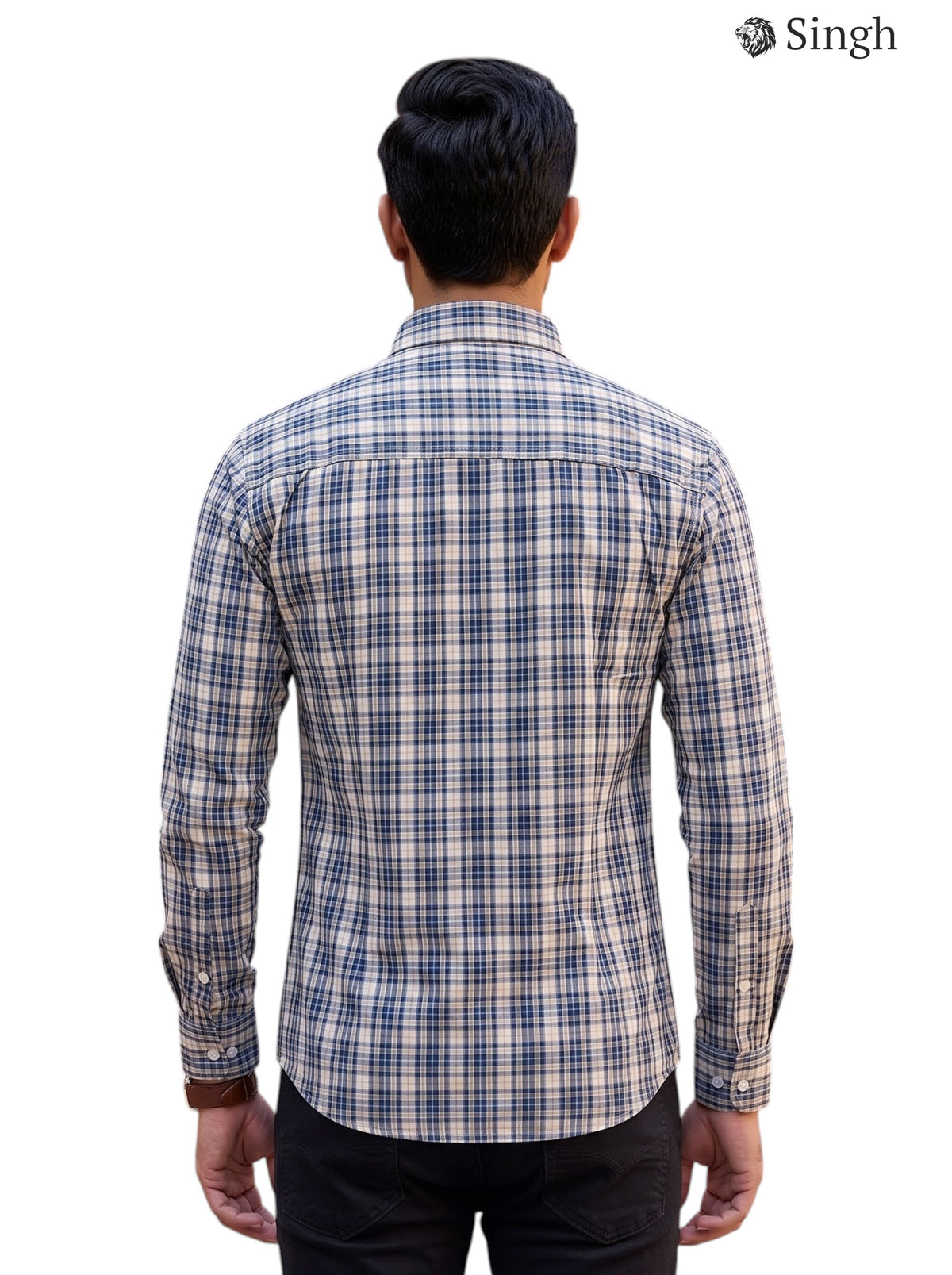 Men's plaid shirt in beige and navy cotton, back view; SHIRT(MENS) F-15-113-4-M