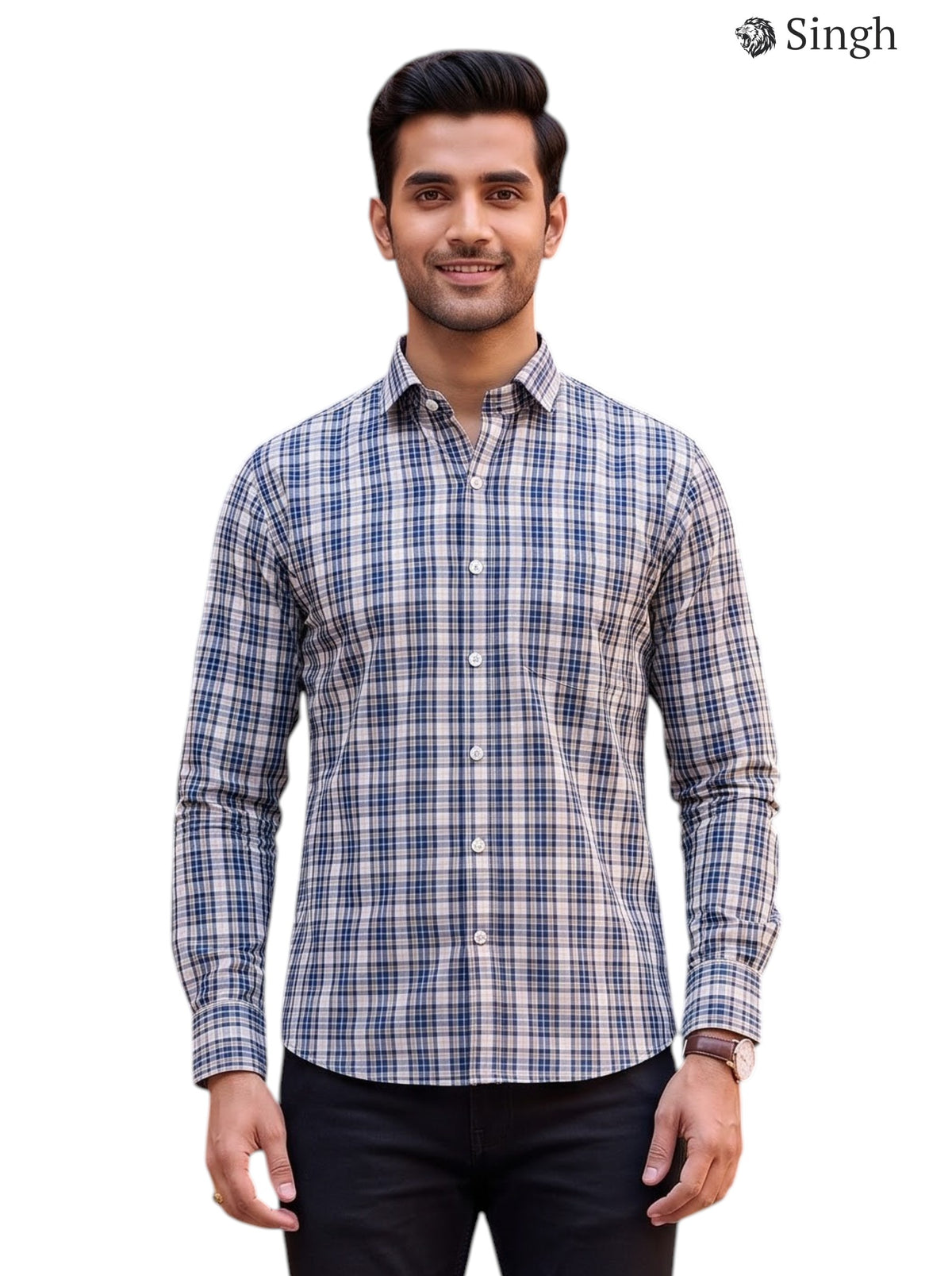 Men's Blue and White Checked Shirt in Cotton, Front View - SHIRT(MENS) F-15-113-4-M