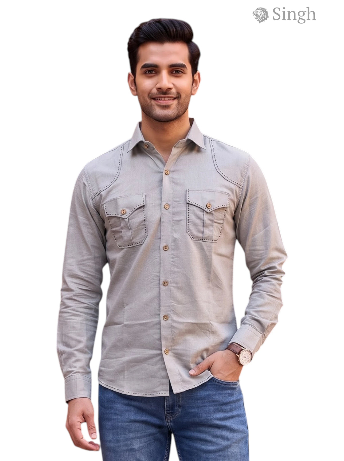 M Hunting Shirts in light gray cotton with front pockets and button detail, SHIRTS-CT 2P-5064-1-M