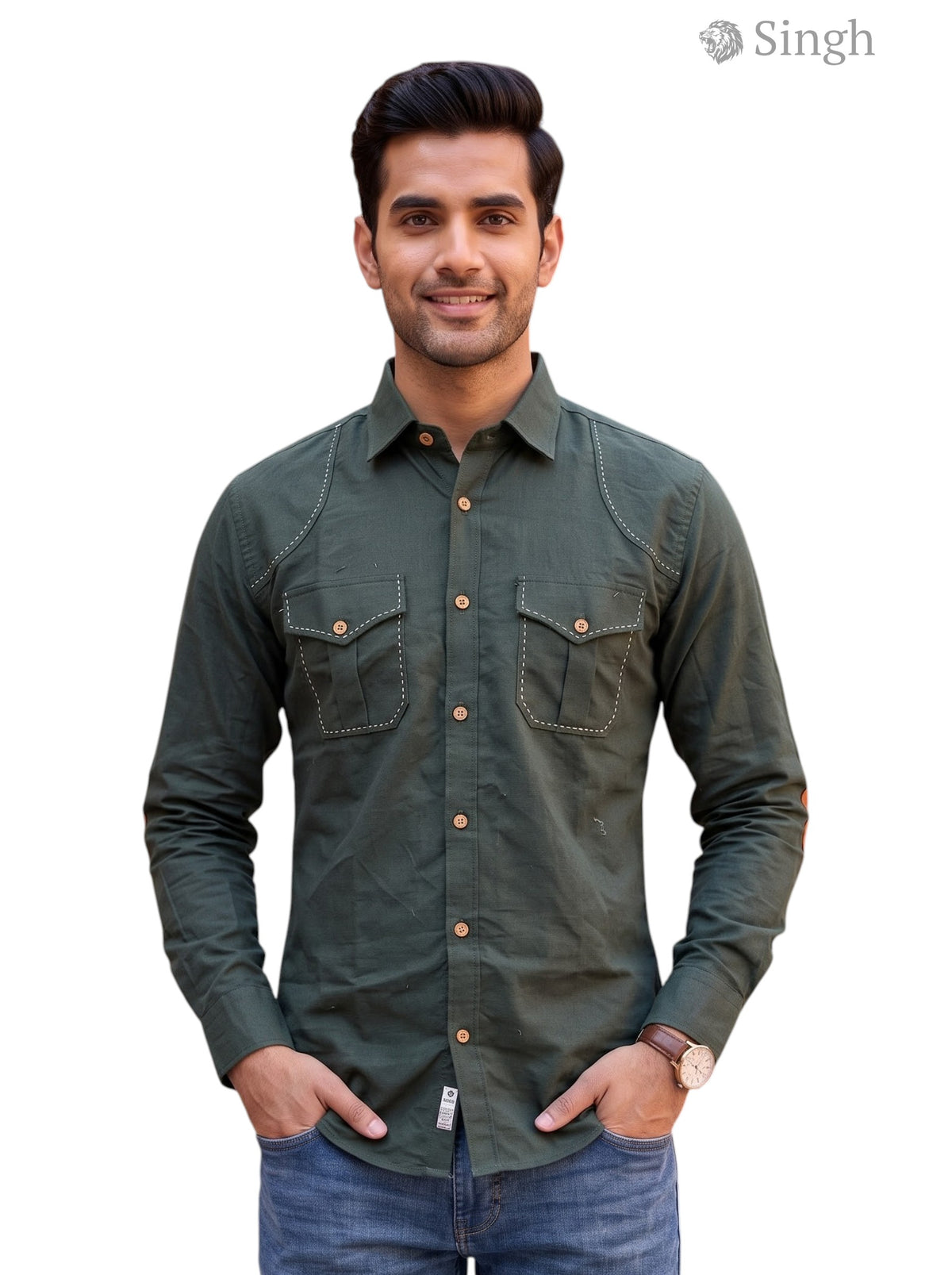 M Hunting Shirts in Olive Green Cotton, Front View with Button Details, SHIRTS-CT 2P-5064-1-M