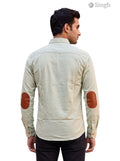 M Hunting Shirt in light green fabric with brown elbow patches, back view - SHIRTS-CT 2P-5064-1-M